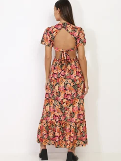 New La Modeuse Robe longue à fleurs avec découpes Noir