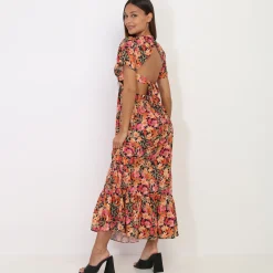 New La Modeuse Robe longue à fleurs avec découpes Noir