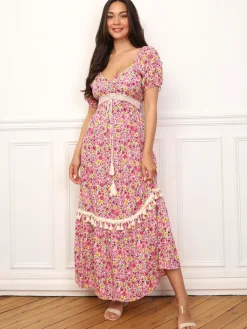 Best La Modeuse Robe longue à fleurs et détails crochet Rose