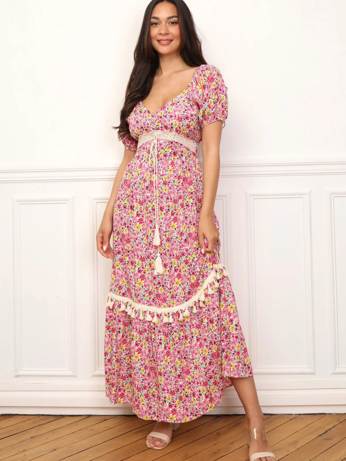 Best La Modeuse Robe longue à fleurs et détails crochet Rose