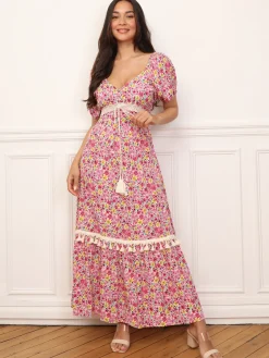 Best La Modeuse Robe longue à fleurs et détails crochet Rose