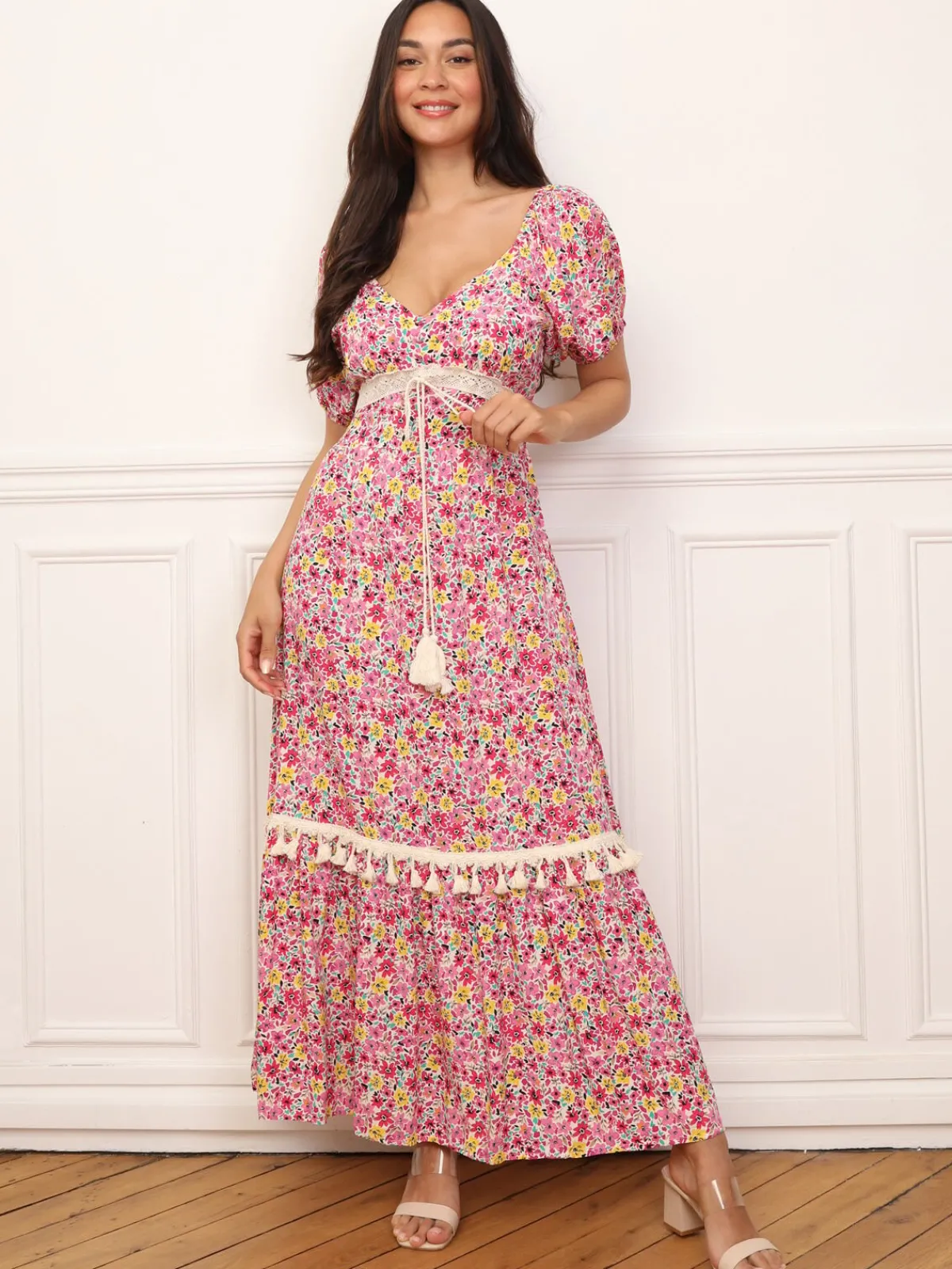 Best La Modeuse Robe longue à fleurs et détails crochet Rose