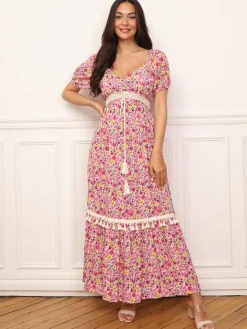 Best La Modeuse Robe longue à fleurs et détails crochet Rose