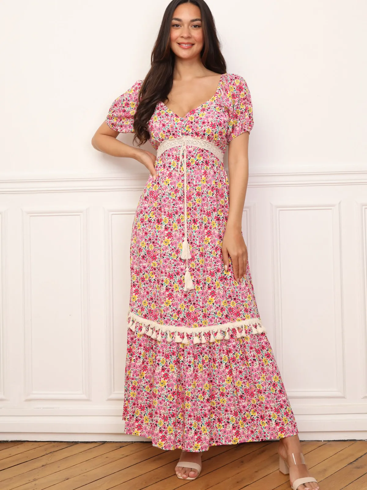 Best La Modeuse Robe longue à fleurs et détails crochet Rose