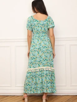 Sale La Modeuse Robe longue à fleurs et détails crochet Vert