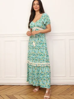 Sale La Modeuse Robe longue à fleurs et détails crochet Vert