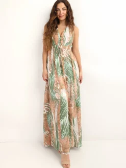 Sale La Modeuse Robe longue à imprimé feuilles Rose