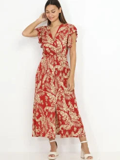 Online La Modeuse Robe longue à imprimé feuilles dorées Rouge