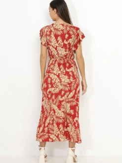 Online La Modeuse Robe longue à imprimé feuilles dorées Rouge
