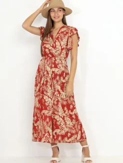 Online La Modeuse Robe longue à imprimé feuilles dorées Rouge