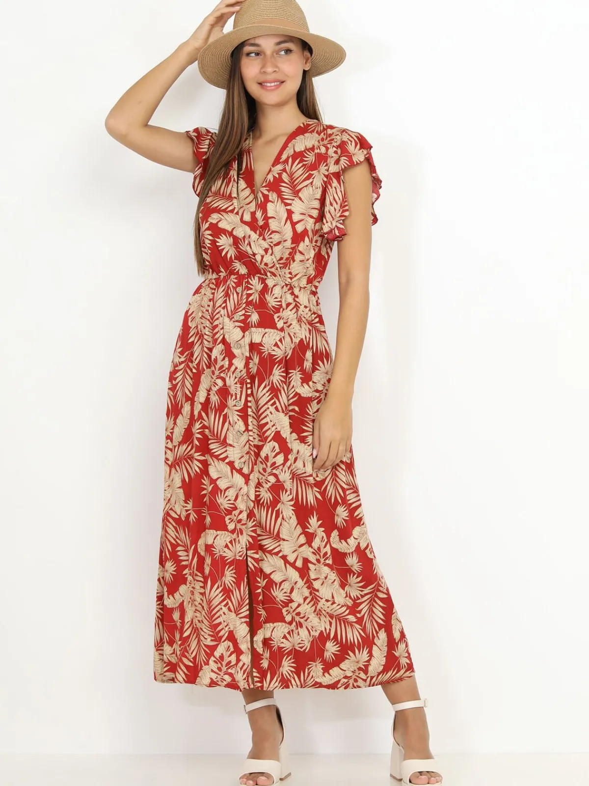 Online La Modeuse Robe longue à imprimé feuilles dorées Rouge