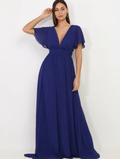 Hot La Modeuse Robe longue à manches papillons Bleu