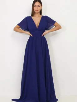 Hot La Modeuse Robe longue à manches papillons Bleu