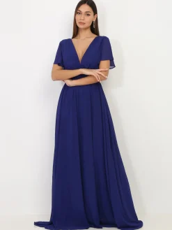 Hot La Modeuse Robe longue à manches papillons Bleu