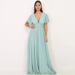 New La Modeuse Robe longue à manches papillons Vertclair