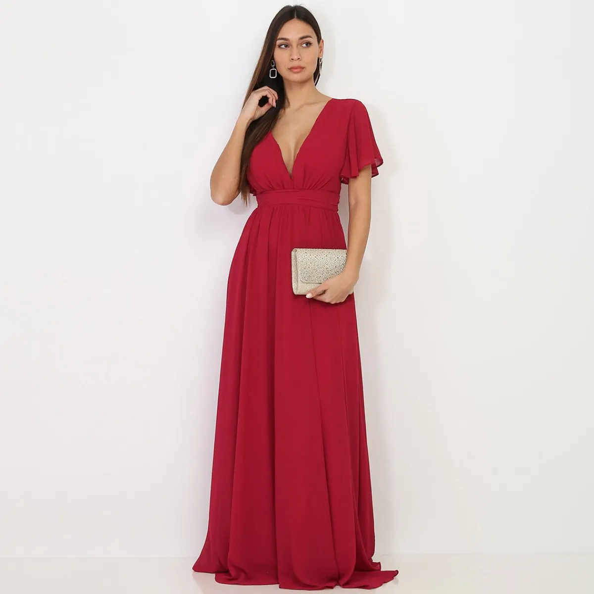 Discount La Modeuse Robe longue à manches papillons Rouge