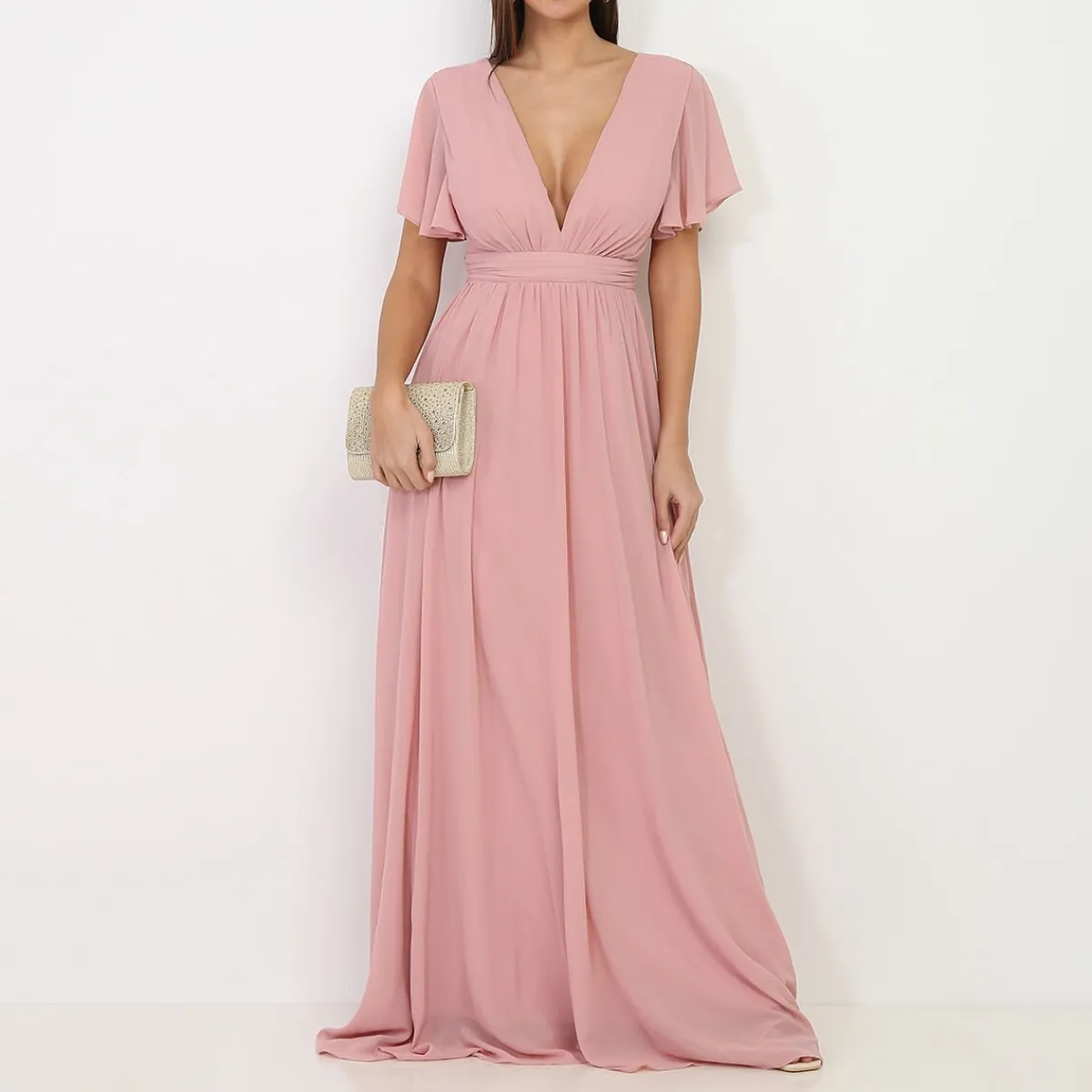 New La Modeuse Robe longue à manches papillons VieuxRose