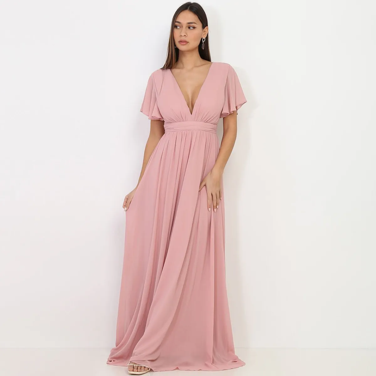 New La Modeuse Robe longue à manches papillons VieuxRose
