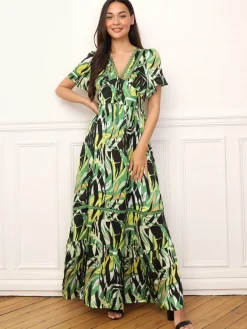 Discount La Modeuse Robe longue à motif tropical et pompons Vert