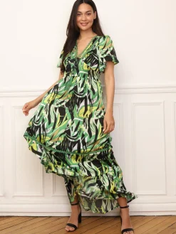 Discount La Modeuse Robe longue à motif tropical et pompons Vert