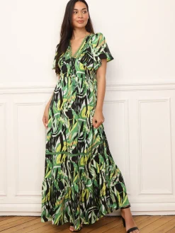 Discount La Modeuse Robe longue à motif tropical et pompons Vert