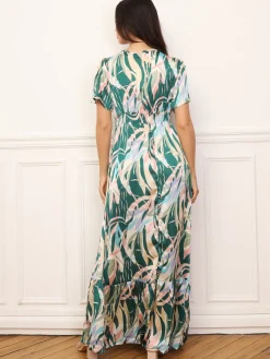 Discount La Modeuse Robe longue à motif tropical et pompons Bleu