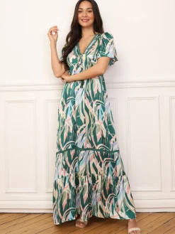 Discount La Modeuse Robe longue à motif tropical et pompons Bleu