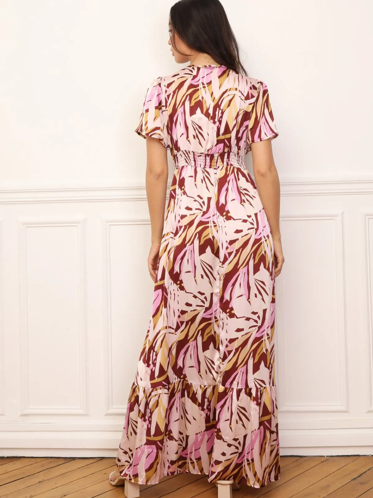 New La Modeuse Robe longue à motif tropical et pompons Rose