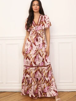 New La Modeuse Robe longue à motif tropical et pompons Rose