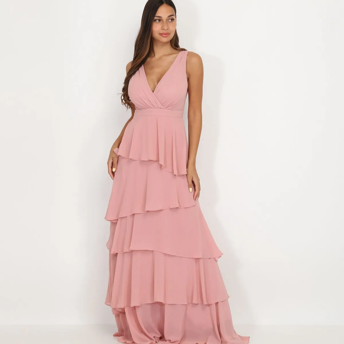 Discount La Modeuse Robe longue à volants VieuxRose