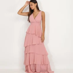 Discount La Modeuse Robe longue à volants VieuxRose