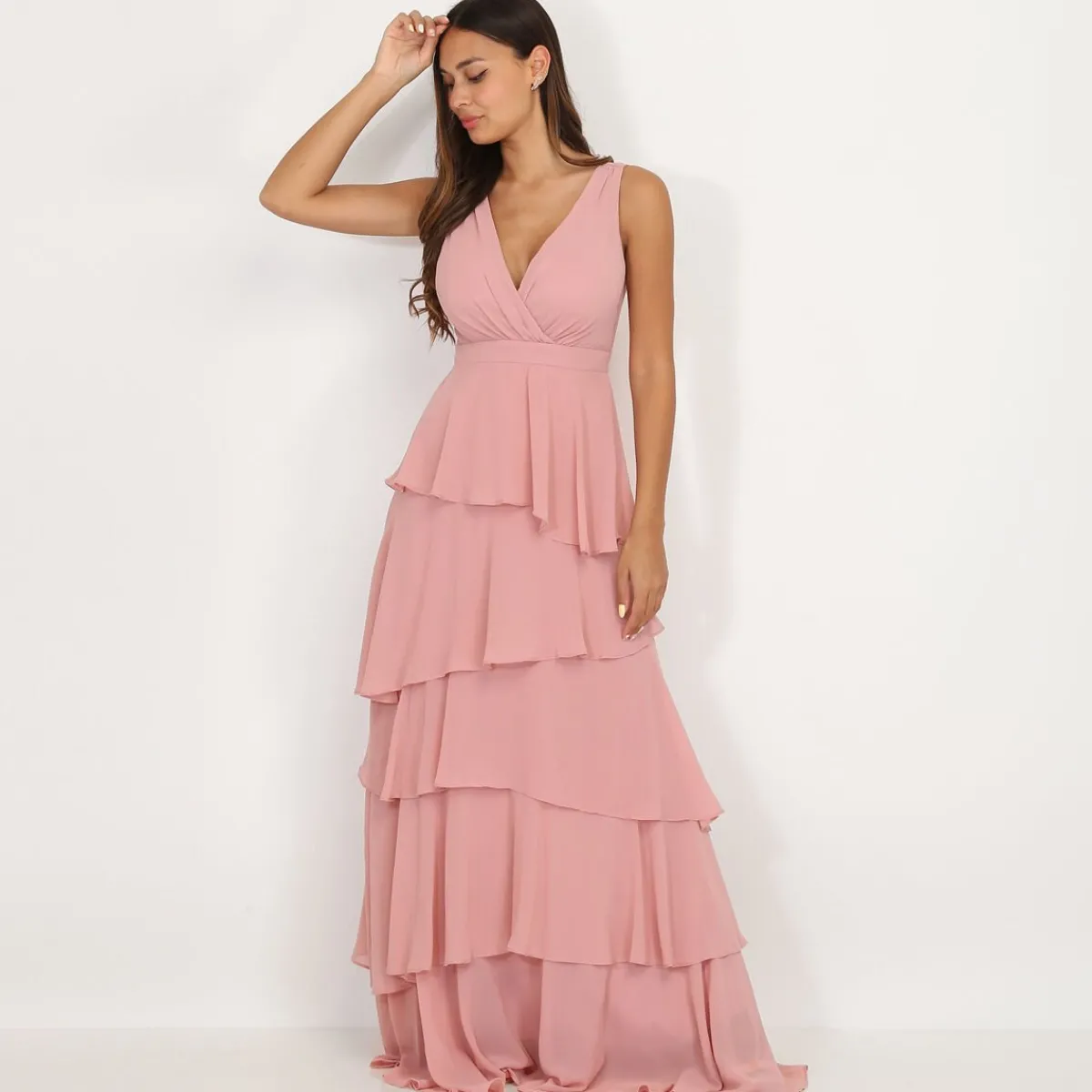Discount La Modeuse Robe longue à volants VieuxRose