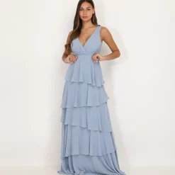 Clearance La Modeuse Robe longue à volants BleuGivré
