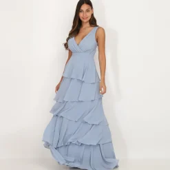 Clearance La Modeuse Robe longue à volants BleuGivré