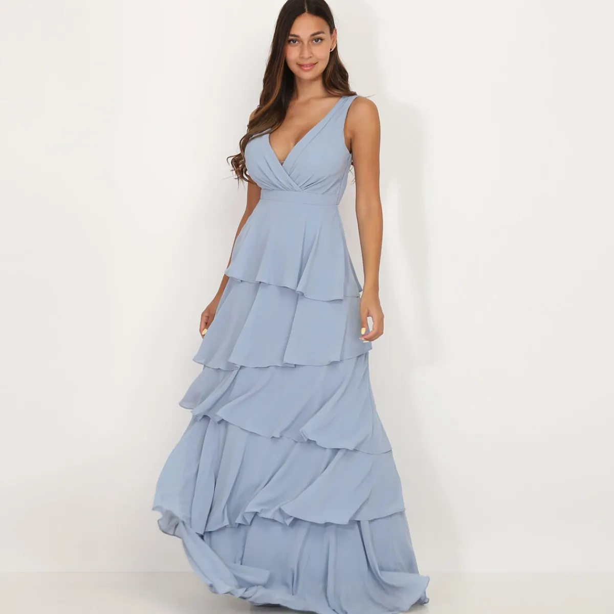 Clearance La Modeuse Robe longue à volants BleuGivré