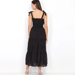 La Modeuse Robe longue à volants et broderie Noir