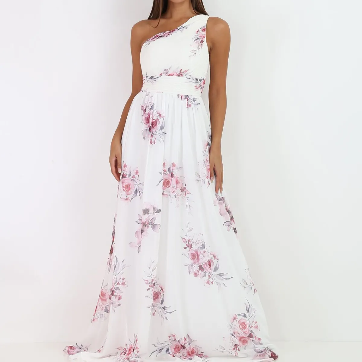 Sale La Modeuse Robe longue asymétrique à fleurs Blanc