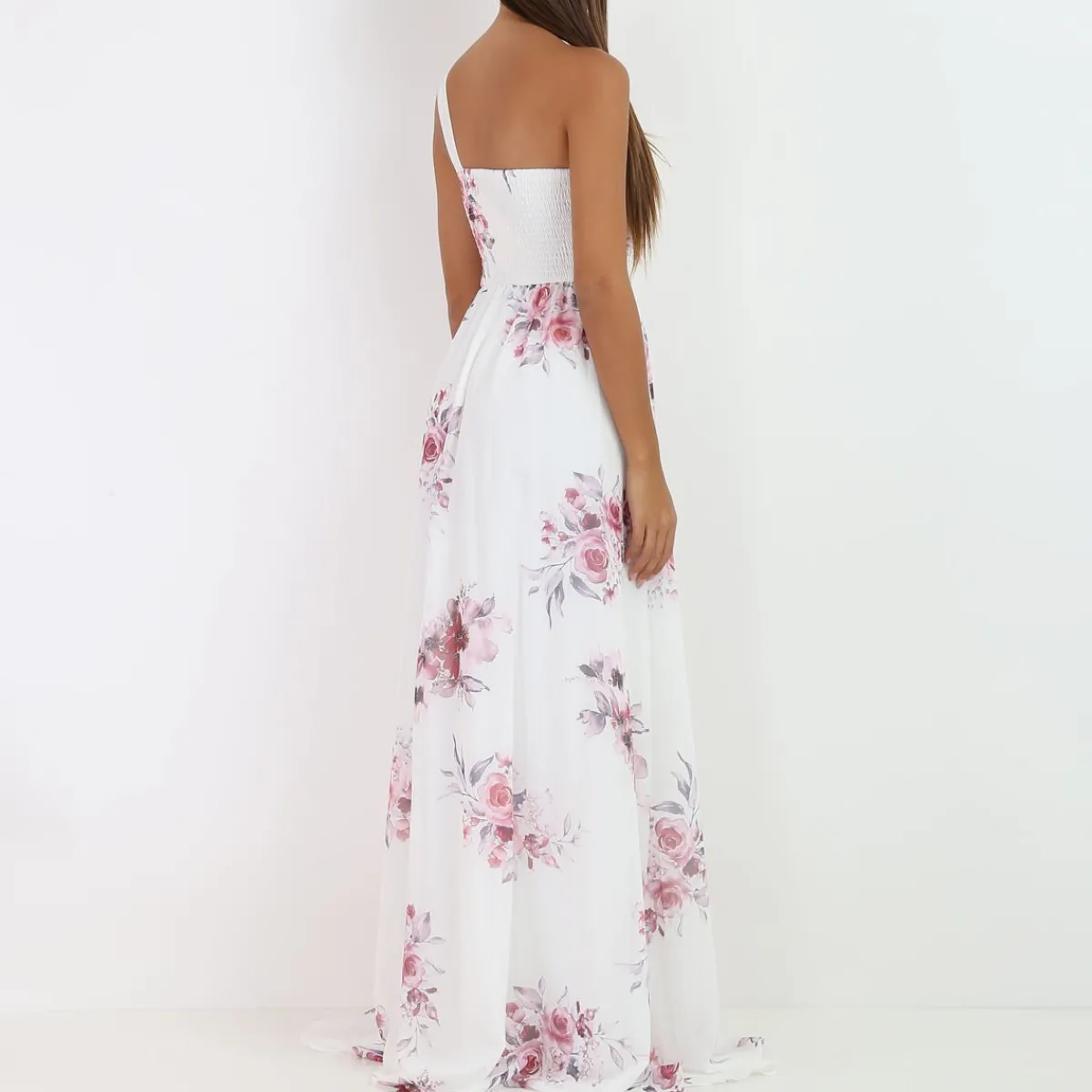 Sale La Modeuse Robe longue asymétrique à fleurs Blanc