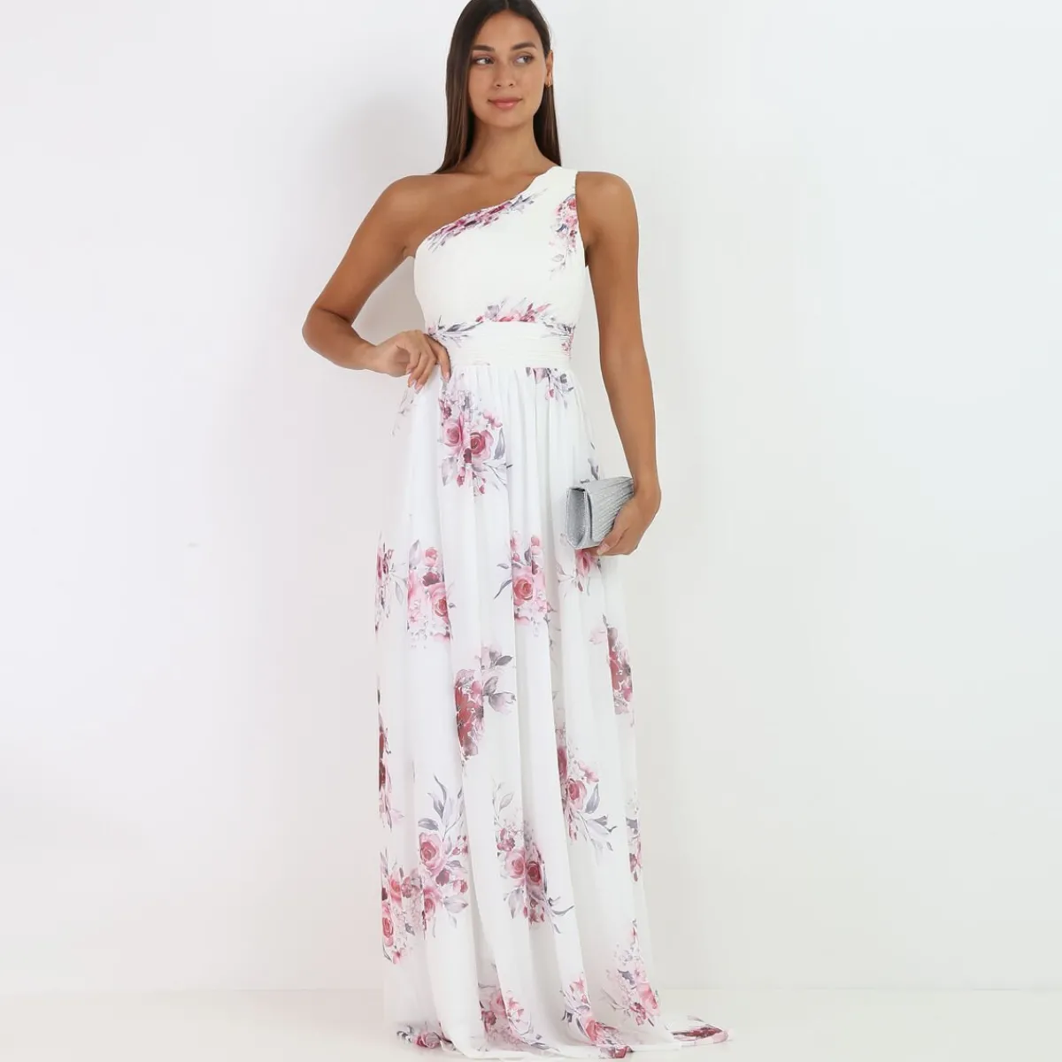 Sale La Modeuse Robe longue asymétrique à fleurs Blanc