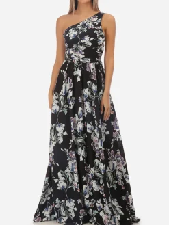 Best La Modeuse Robe longue asymétrique fleurie Noir