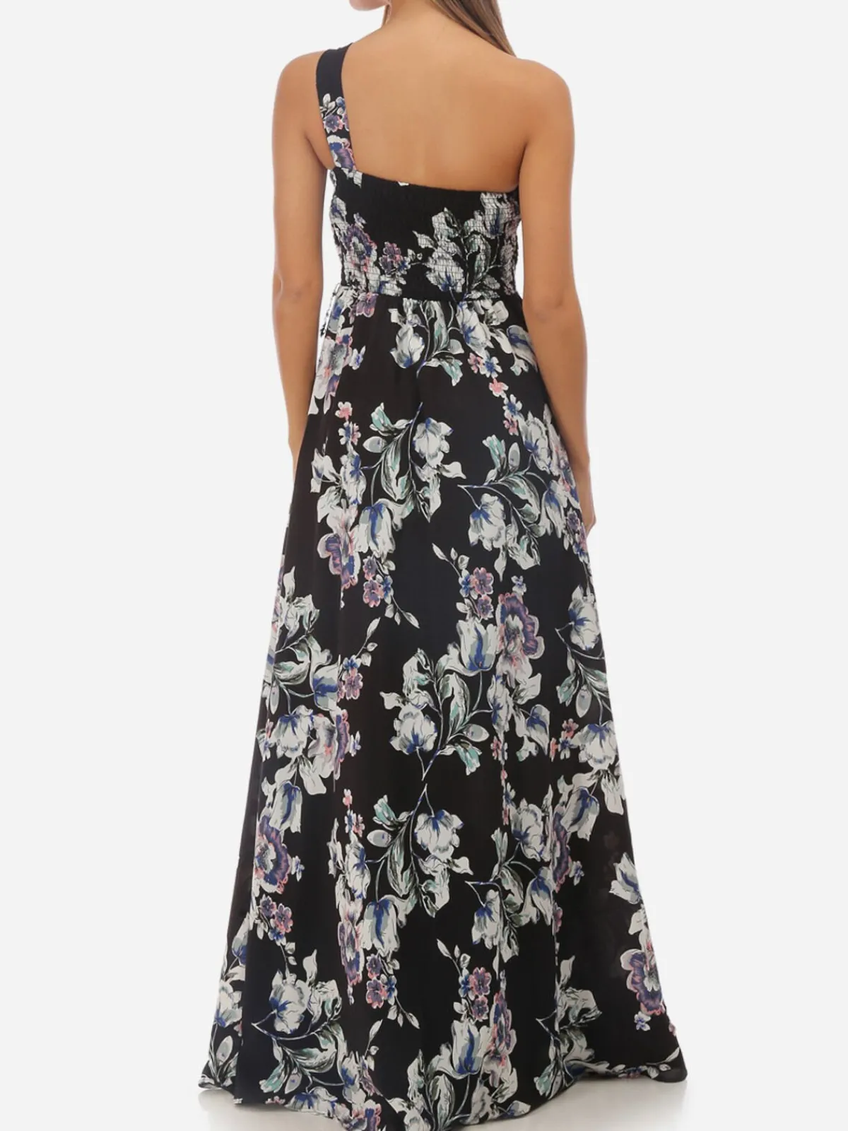 Best La Modeuse Robe longue asymétrique fleurie Noir