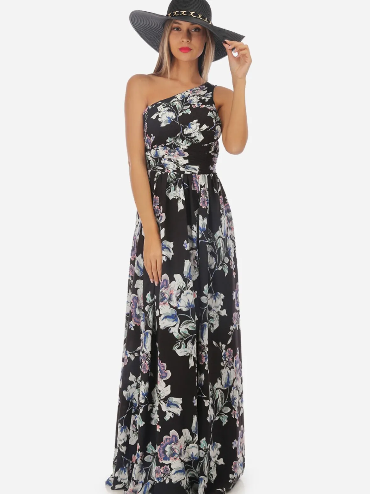 Best La Modeuse Robe longue asymétrique fleurie Noir