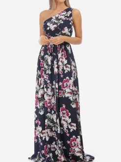 New La Modeuse Robe longue asymétrique fleurie BleuMarine