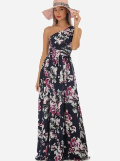 New La Modeuse Robe longue asymétrique fleurie BleuMarine