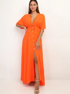 La Modeuse Robe longue boutonnée à fente Orange
