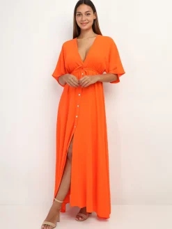 La Modeuse Robe longue boutonnée à fente Orange