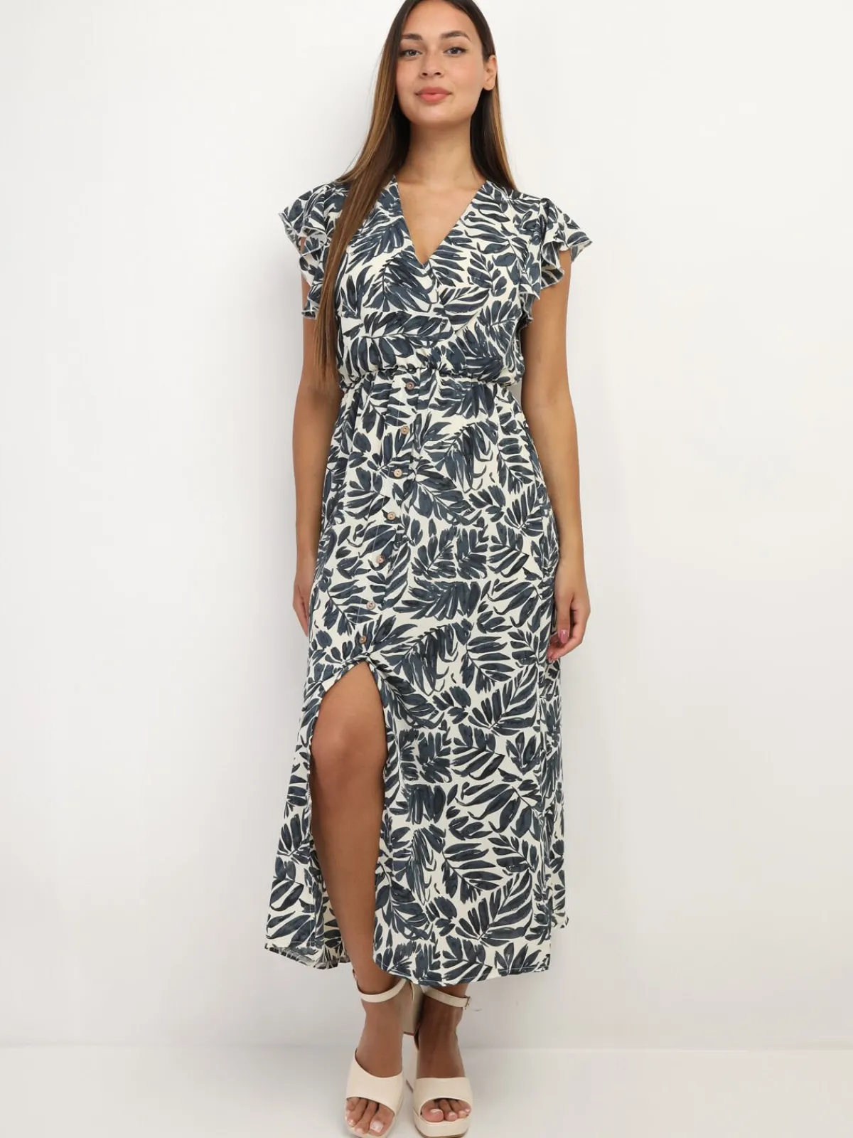 Best La Modeuse Robe longue cache c艙ur à imprimé feuilles Bleu