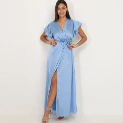Online La Modeuse Robe longue cache c艙ur fendue BleuClair