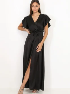 Outlet La Modeuse Robe longue cache c艙ur fendue Noir