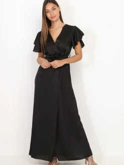 Outlet La Modeuse Robe longue cache c艙ur fendue Noir